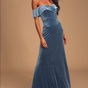 Dusty Blue Velvet Off-the-Shoulder Maxi Dress